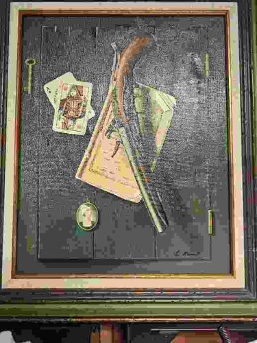 Trompe L'oeil Still Life with Flintlock Pistol and Playing Cards by L. Mint