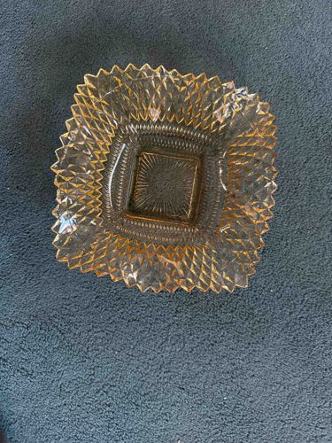 Vintage Diamond Point Amber Glass Square Bowl