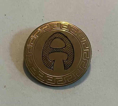 Gold-Toned Mushroom/A-Motif Brooch with Greek Key Border