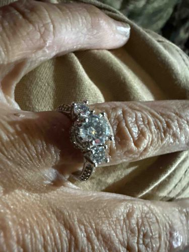 Three-Stone Diamond/Simulant Ring with Halo Setting