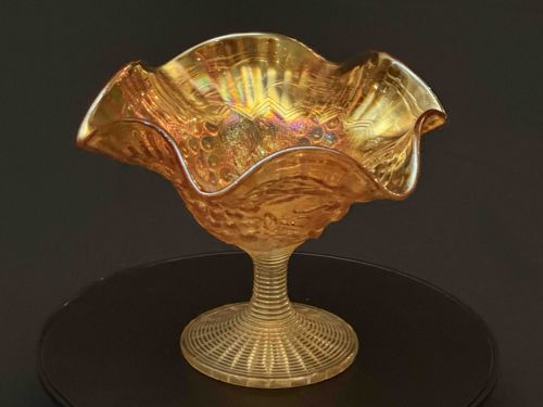 Iridescent Marigold Carnival Glass Bowl on Pedestal