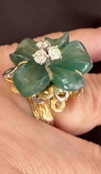 Vintage Carved Green Stone & Diamond Floral Cocktail Ring