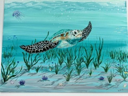 Sea Turtle with Jellyfish and Seagrass Painting