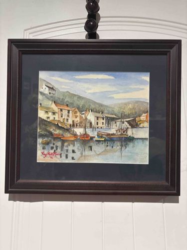 Framed Watercolor Painting of a Harbor Town