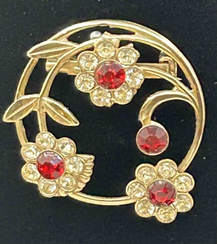 Gold-Tone Floral Motif Brooch with Red and Clear Rhinestones