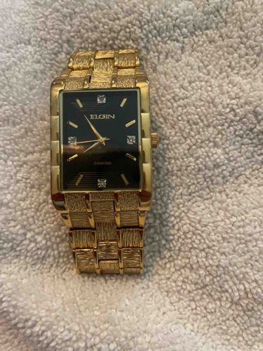 Elgin Gold-Tone Rectangular Diamond Accent Men's Wristwatch