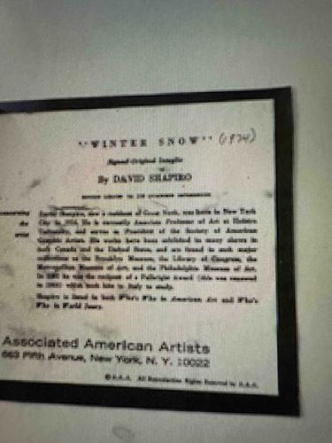 Associated American Artists Label for 'Winter Snow' by David Shapiro