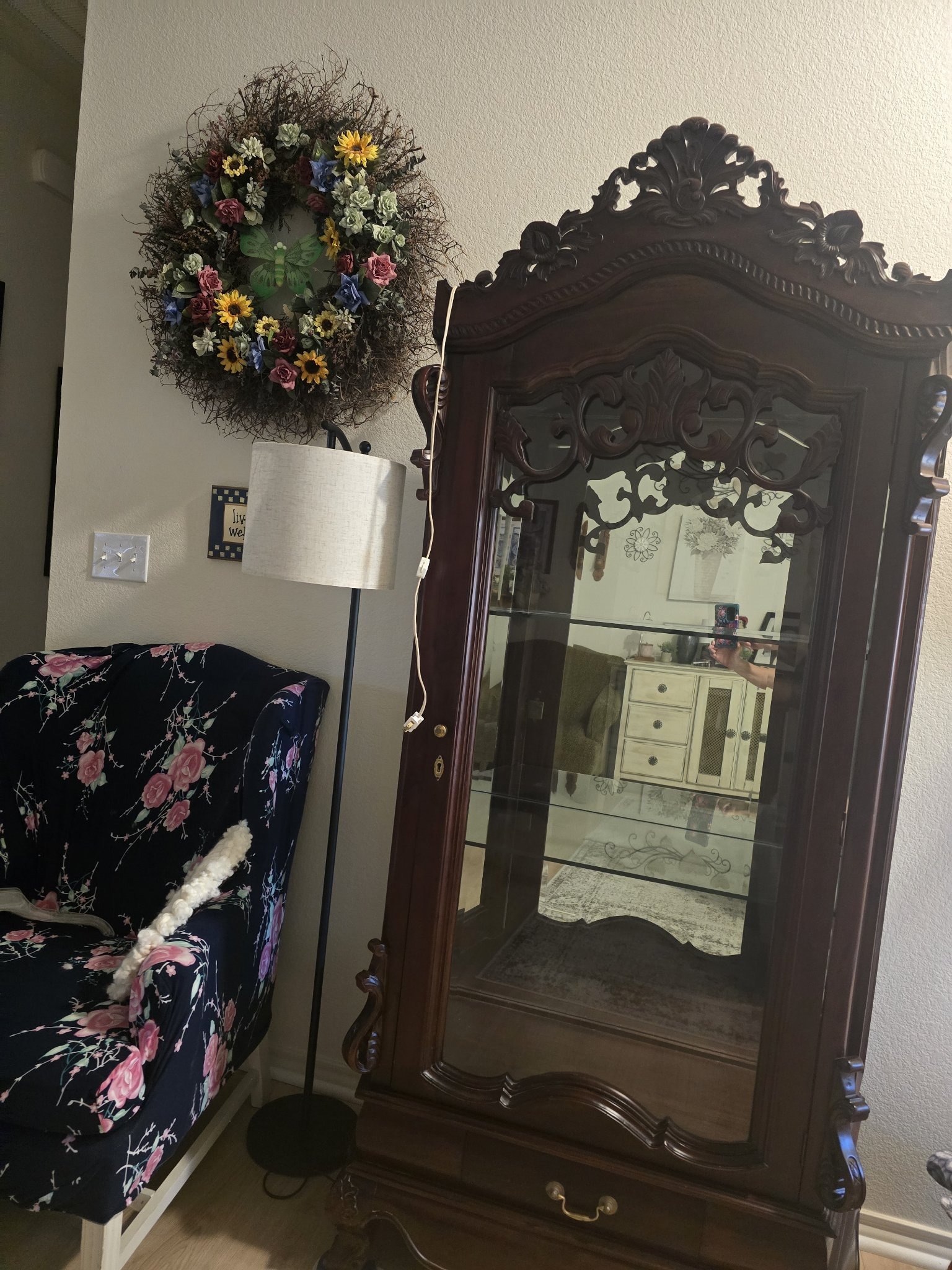 Submitted photo of Carved Wood Display Cabinet with Glass Doors