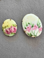 Pair of Hand-Painted Porcelain Cabochons with Floral Motif