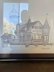 Framed Ink Pen Drawing of a Victorian House