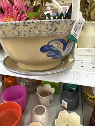 Vintage Cobalt Blue Sponge-Decorated Stoneware Bowl with Attached Saucer