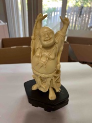 Carved Laughing Buddha (Hotei) Figurine on Wooden Base