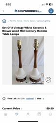Set Of 2 Vintage White Ceramic & Brown Wood Mid Century Modern Table Lamps