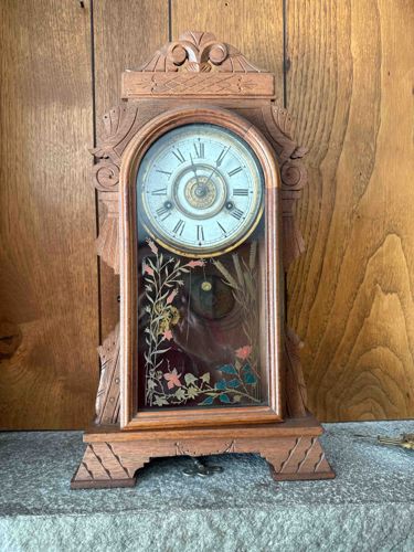 Antique Carved Oak Mantel Clock with Reverse Painted Glass