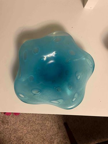 Turquoise Blue Organic Art Glass Bowl with Segregated Bubbles