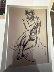 Framed Ink Sketch of Crouching Nude Figure