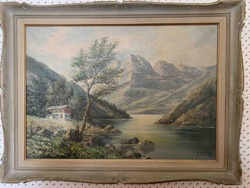 Mountain Lake Landscape Oil Painting with Cabin
