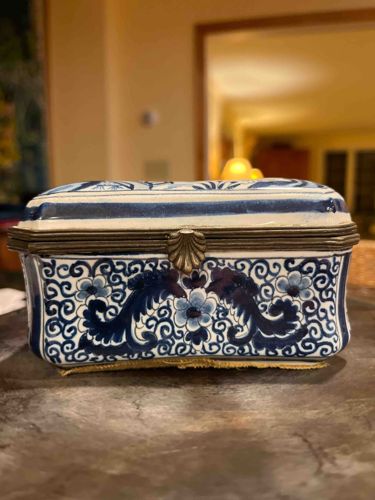 Blue and White Chinoiserie Porcelain Trinket Box with Metal Mounts