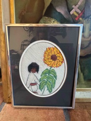 Framed Cross-Stitch Embroidery: Figure with Sunflower