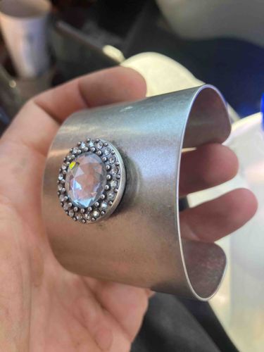 Silver-Toned Faceted Stone & Halo Cuff Bracelet