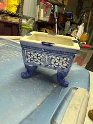 Blue and White Porcelain Planter with Scroll Feet