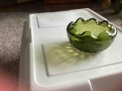 Olive Green Scalloped Diamond Pattern Glass Bowl