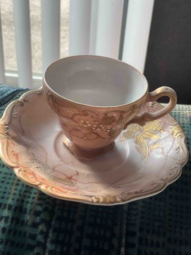 Shofu Marbled Pink and Gold Hand-Painted Tea Cup and Saucer