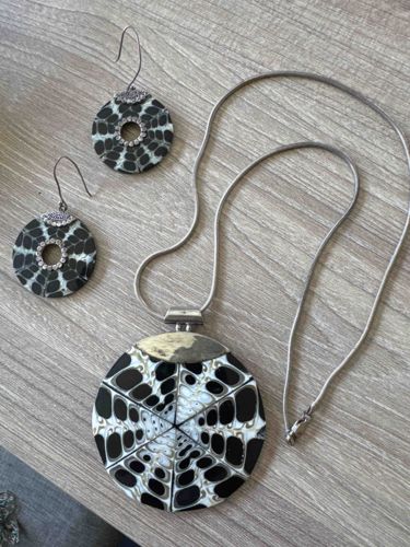 Black, White, and Silver Tribal Patterned Necklace and Earring Set