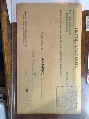 U.S. Post Office Department Registered Package Receipt Postcard