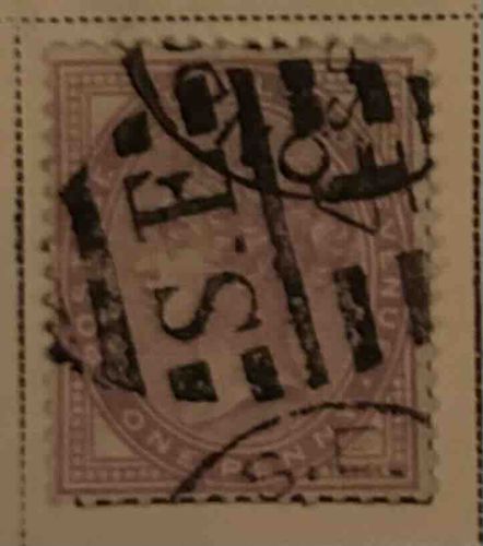 Used British Penny Lilac Stamp, C.S.E. Obliterated
