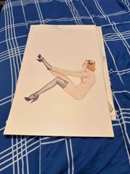 Pin-up Art Print of Seated Nude Figure with Stocking