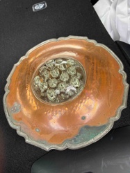 Vintage Copper and Silver-Plated Flower Frog Bowl with Glass Insert
