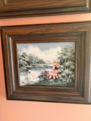 Pastoral Scene Framed Artwork with Girl and Swans