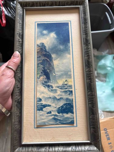 Framed Stormy Seascape Print with Sailing Ship and Cliffs
