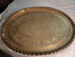 Large Etched Brass Oval Tray with Figural Scenes
