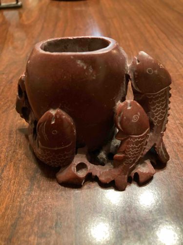 Carved Stone Fish and Pot/Vase Incense Holder