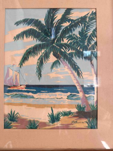 Tropical Beach Scene with Sailboat and Palm Trees