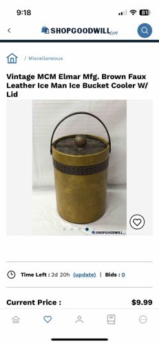 Vintage MCM Elmar Mfg. Brown Faux Leather Ice Man Ice Bucket Cooler with Lid