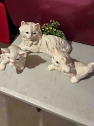 Vintage Ceramic White Cat Planter and Figurines Set