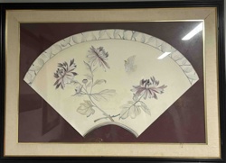 Framed Asian-Style Fan Painting with Chrysanthemums and Butterfly