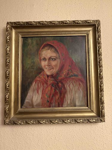 Portrait of a Woman in a Red Headscarf (Oil on Canvas)