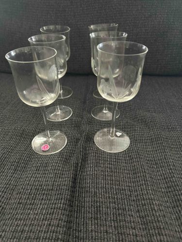 Set of Six Etched Glass Wine Glasses