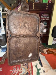 Carved Two-Tiered Lotus Wood Tray with Frogs