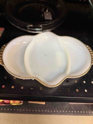 Milk Glass Three Compartment Serving Dish with Gold Beaded Trim