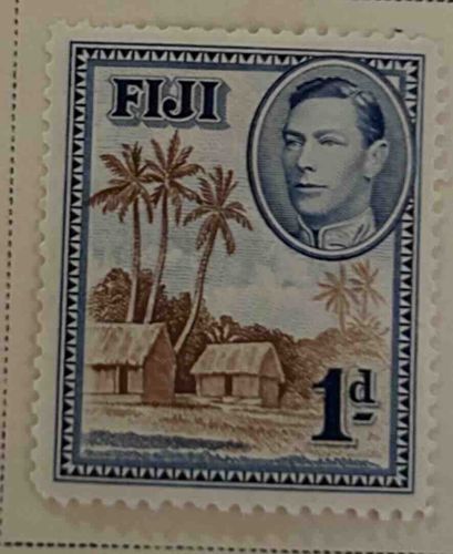Fiji 1d Postage Stamp with King George VI and Village Scene