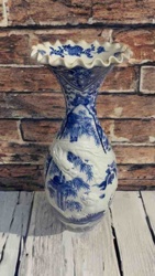 Blue and White Porcelain Ruffled-Rim Vase with Embossed Dragons