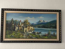 Lake Town Mountain Landscape Oil Painting