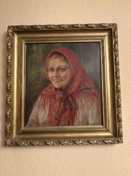 Portrait of a Woman in a Red Headscarf (Oil on Canvas)