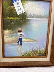 Boy Fishing by a Lake Framed Oil Painting
