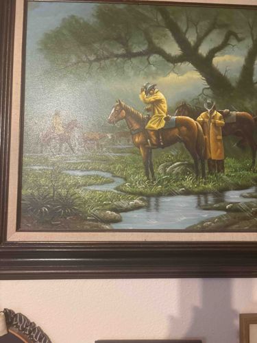 Painting of Horsemen in Yellow Raincoats by a Stream